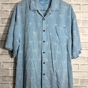 Bermuda Bay Shirt Mens Large Blue Silk Fish Hawaiian Button Up Beach Camp